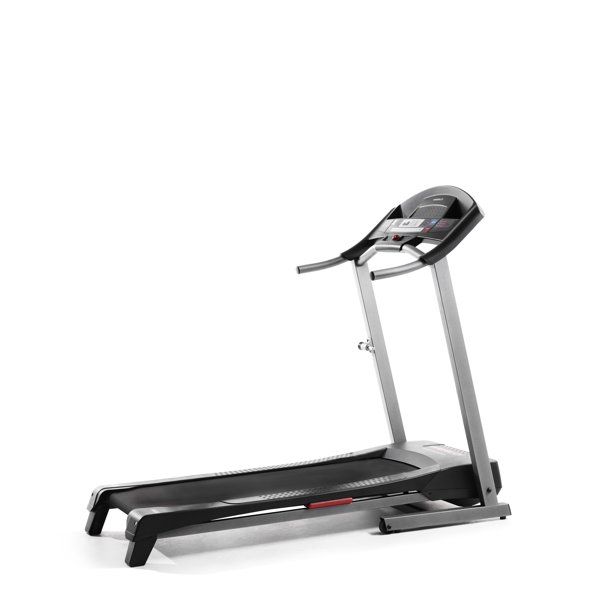 Weslo Cadence G 5.9i treadmill in gray and black with the deck folded down, an LCD console on the uprights and a red safety key clipped to the front of the walking belt