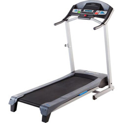 Weslo Cadence R 5.2 folding treadmill photographed at an angle, with a black walking belt, gray side rails and a compact console