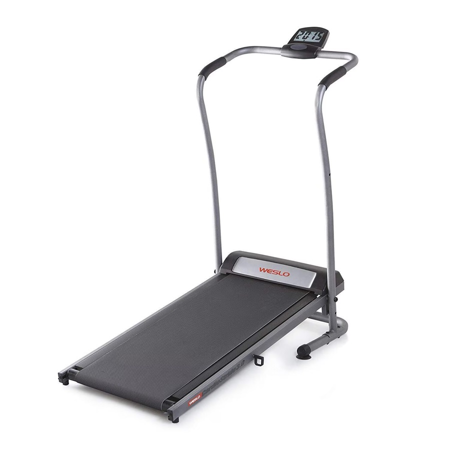 Weslo CardioStride 3.0 manual treadmill in silver and black with a curved tubular handrail, a single LCD display and the WESLO name in red on the front hood