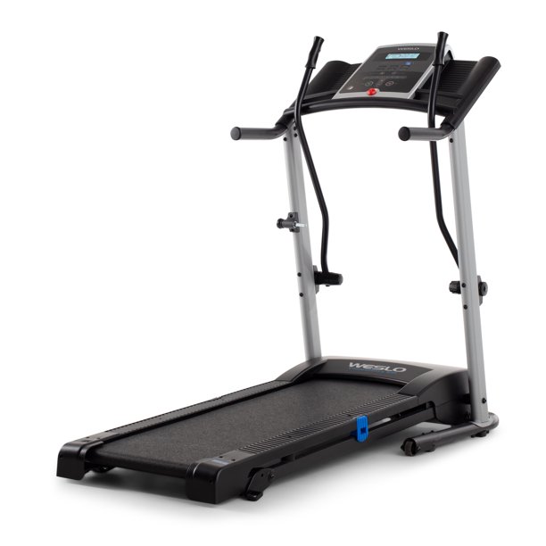 Weslo CrossWalk 5.2T treadmill with two curved black upper-body resistance arms reaching forward from the console, a gray walking belt and a blue folding latch